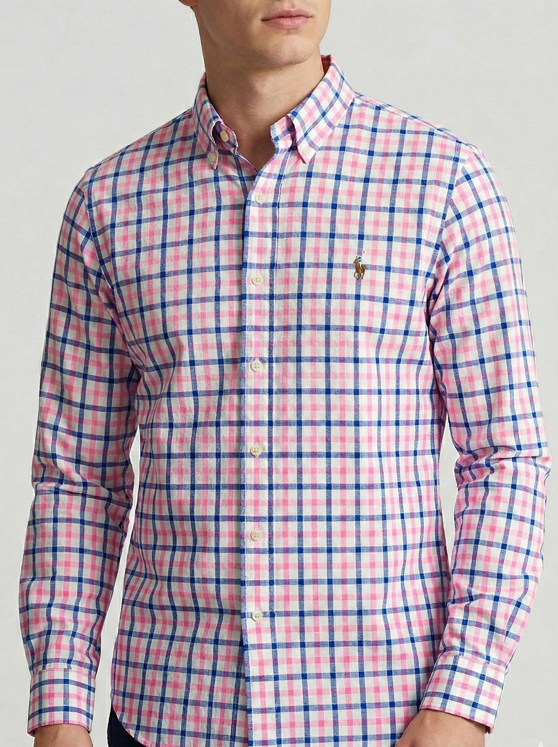 Camisa Xadrez Manga Longa Rosa e Azul Polo Ralph Lauren