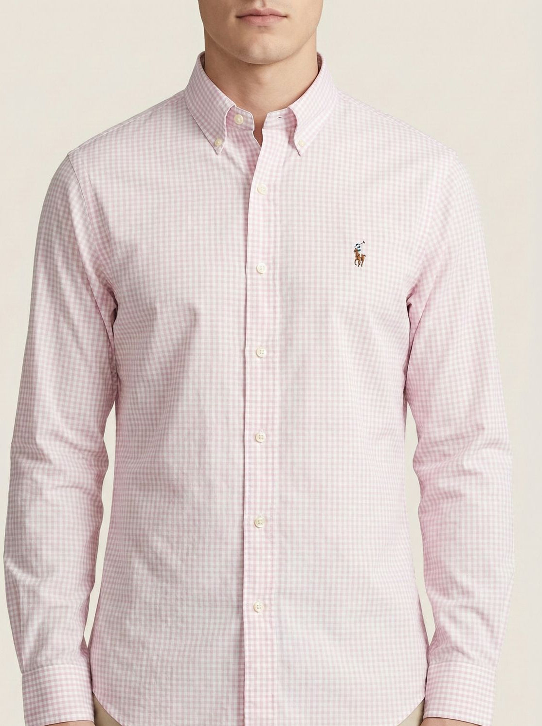 Camisa Micro Xadrez Manga Longa Rosa Claro Polo Ralph Lauren