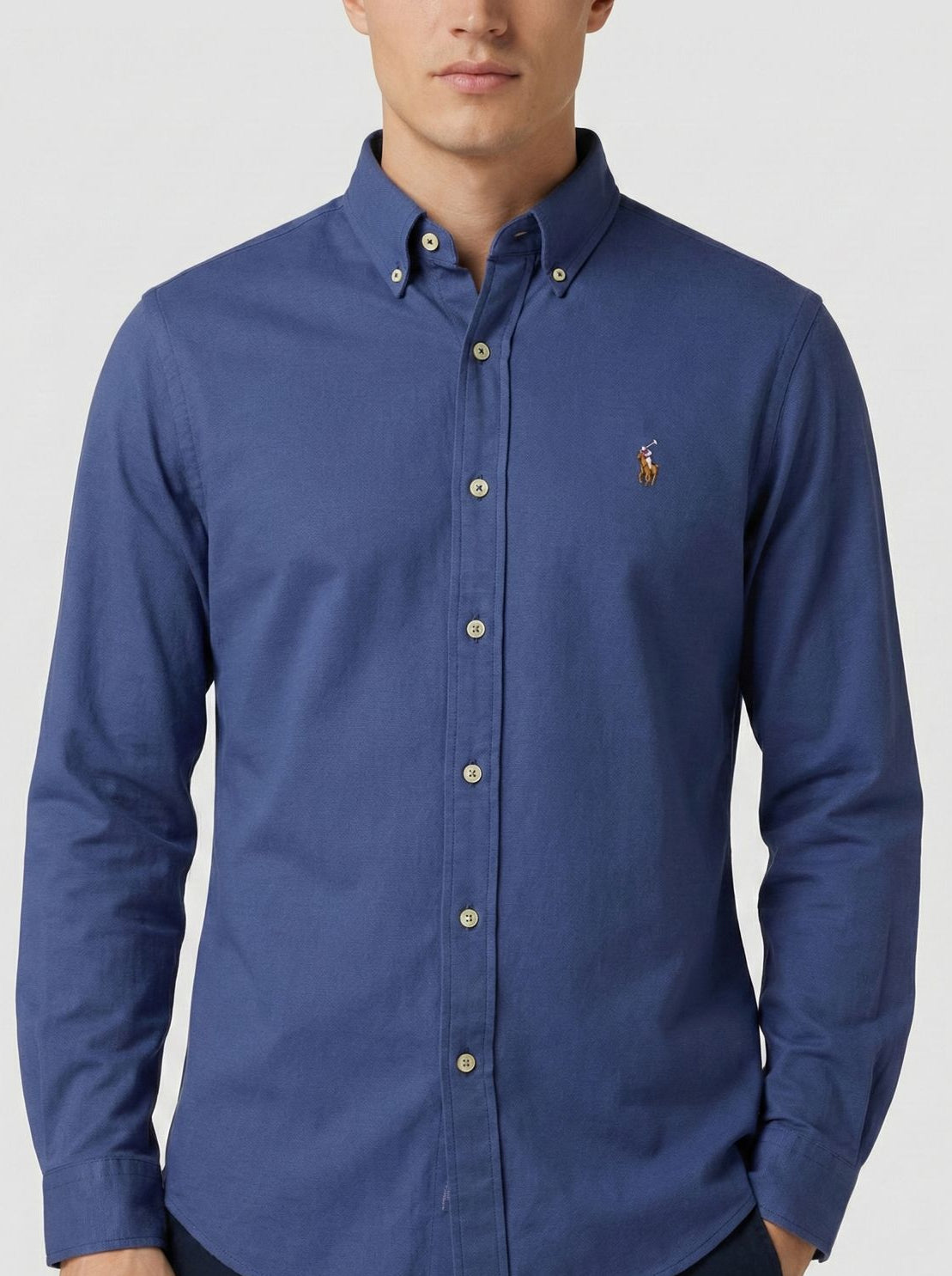 Camisa Lisa Manga Longa Azul Marinho Tecido Oxford Polo Ralph Lauren
