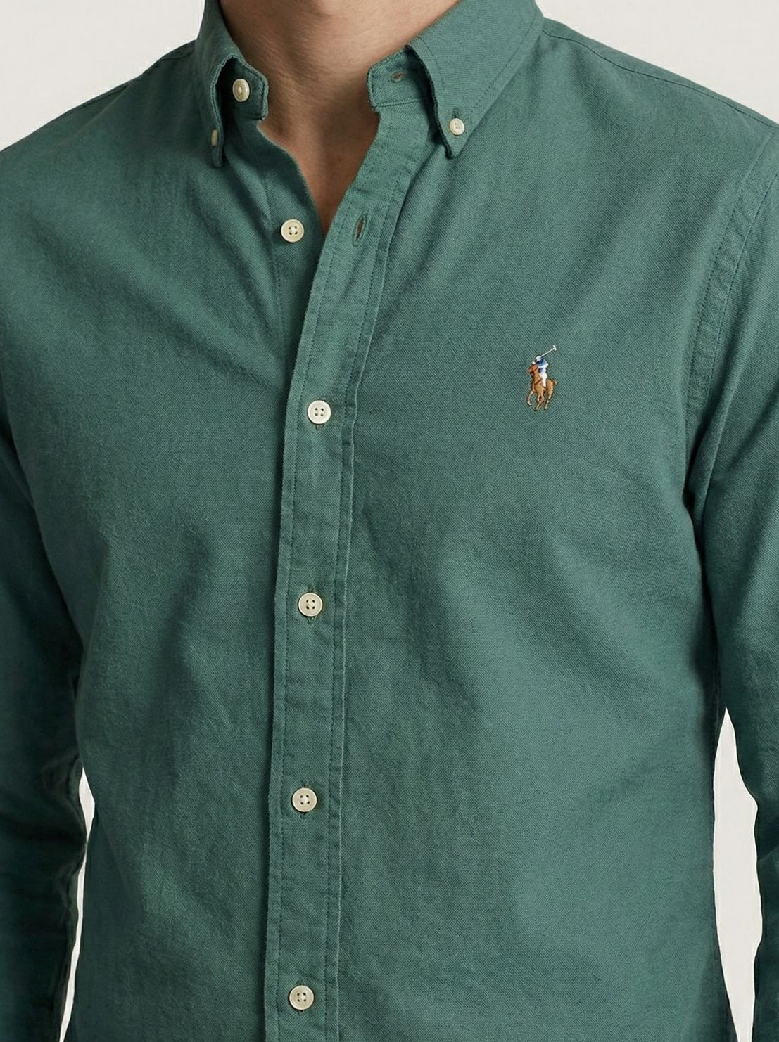Camisa Lisa Manga Longa Verde Militar Tecido Oxford Polo Ralph Lauren