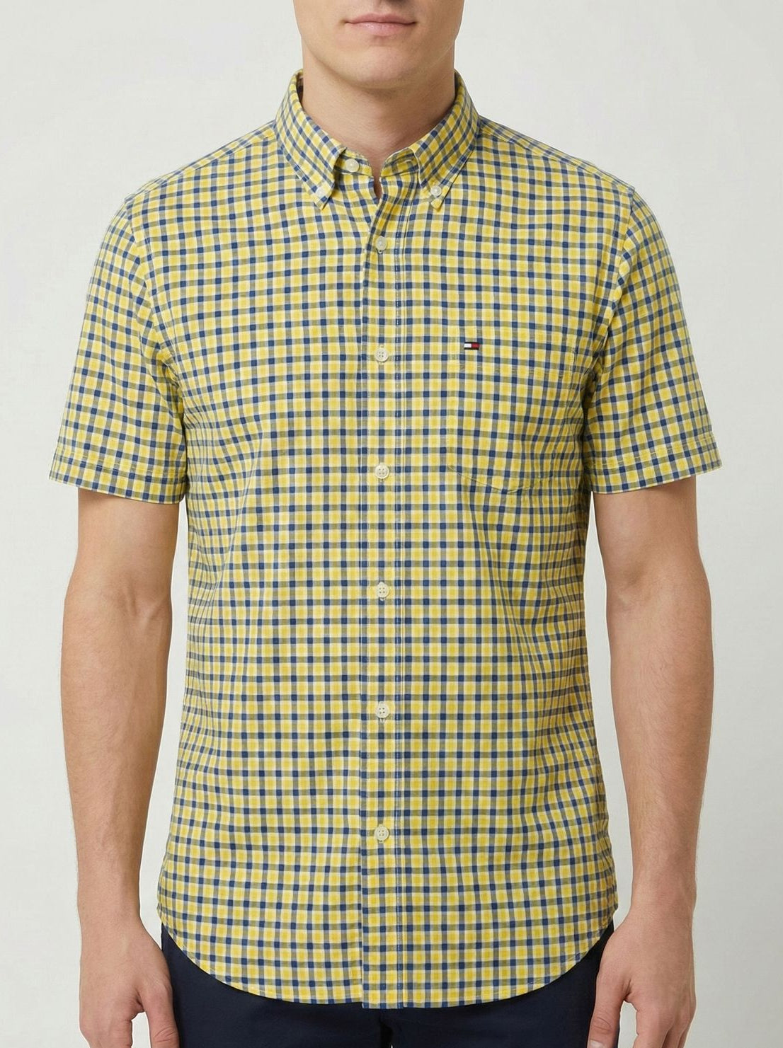 Camisa Manga Curta Tommy Hilfiger Amarela Tecido Oxford