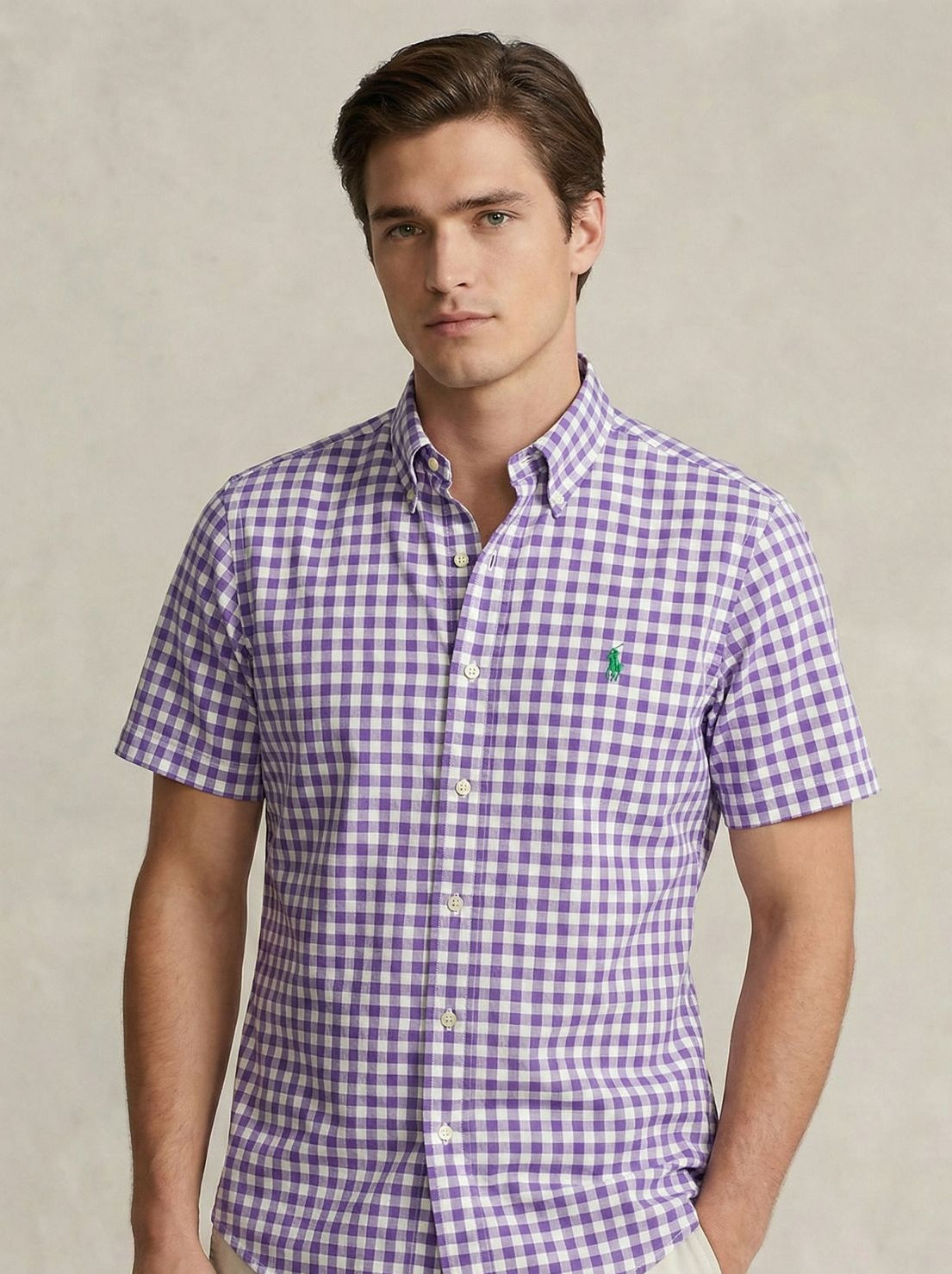 Camisa Manga Curta Roxa Polo Ralph Lauren Tecido Oxford