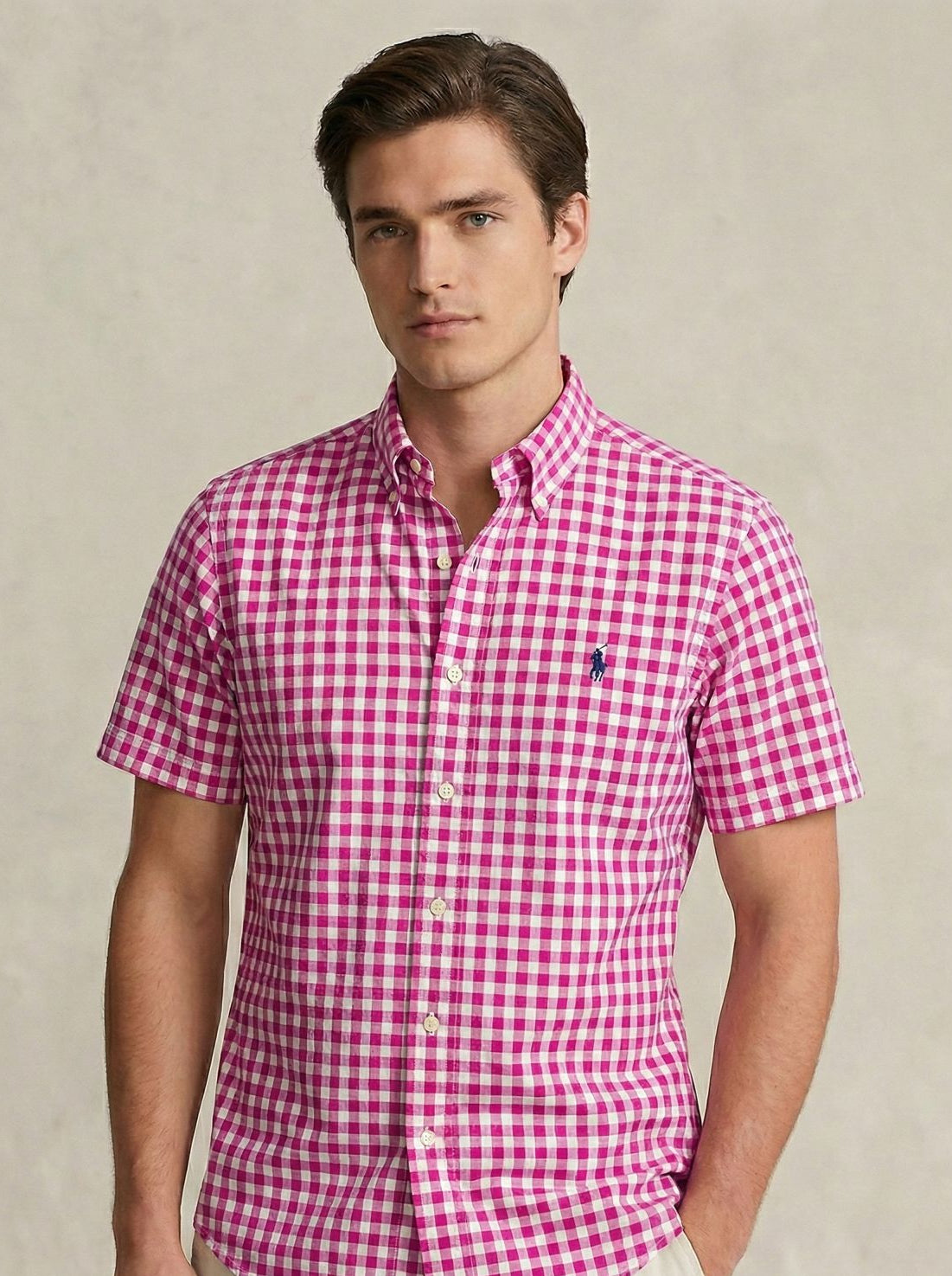 Camisa Manga Curta Tecido Oxford Rosa Polo Ralph Lauren