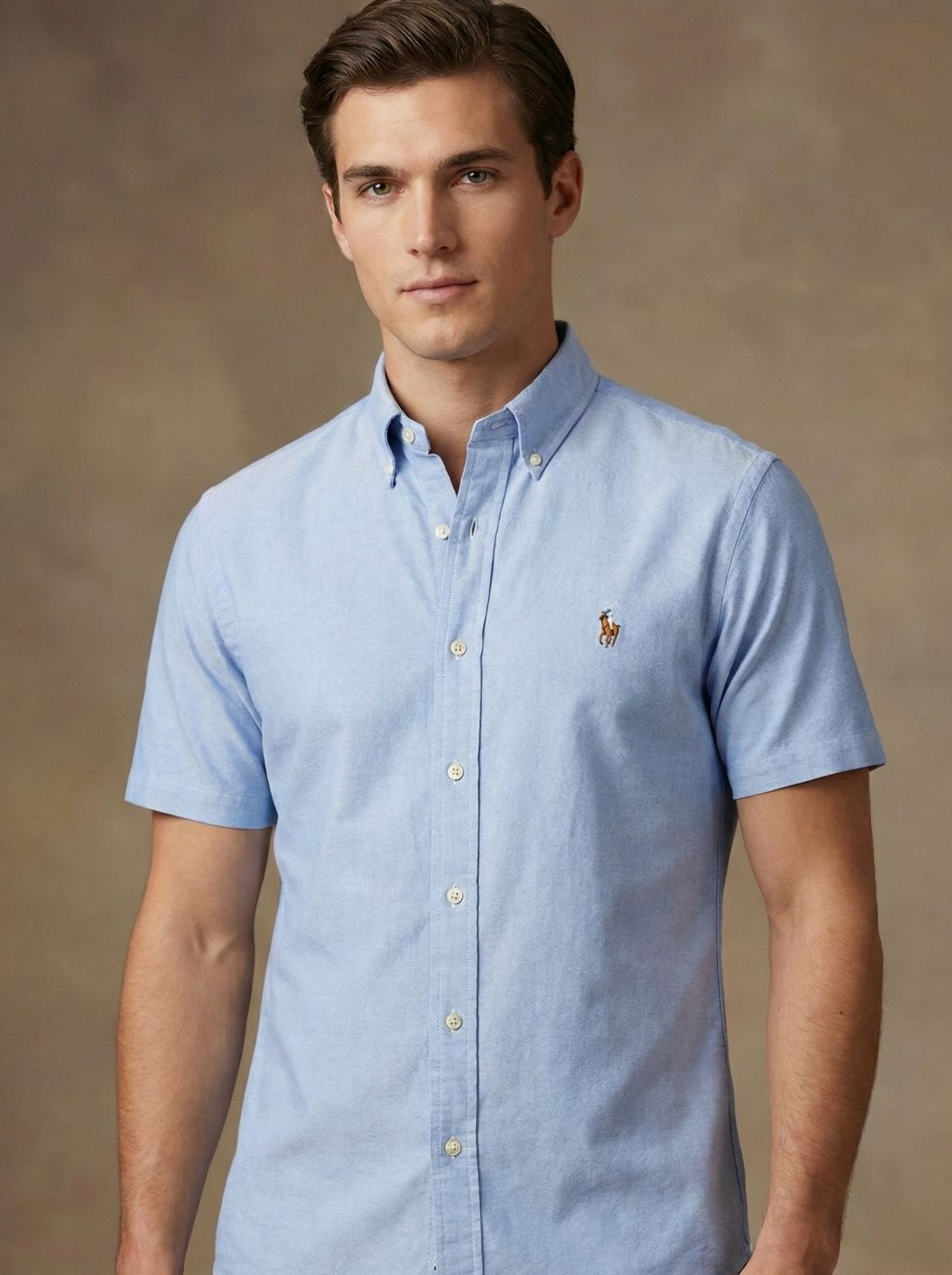 Camisa Manga Curta Tecido Oxford Azul Jeans Polo Ralph Lauren