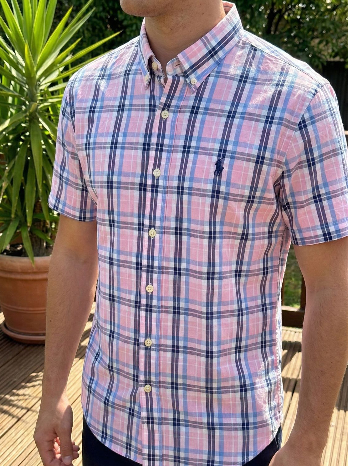 Camisa Manga Curta Americana Rosa Polo Ralph Lauren