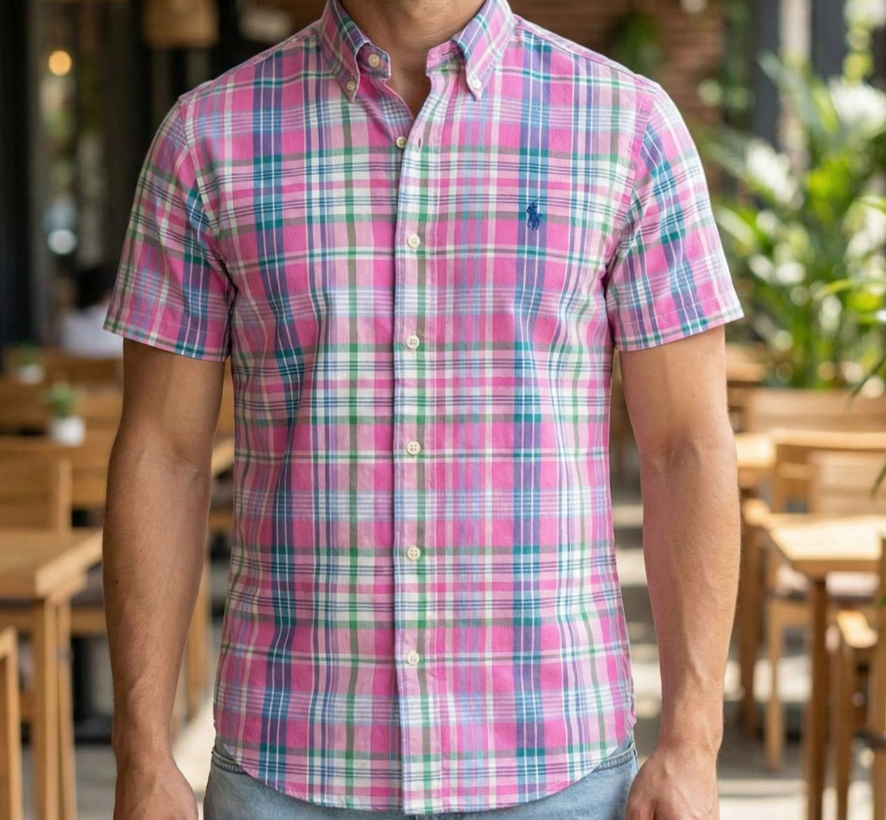 Camisa Manga Curta Rosa Tecido Oxford Polo Ralph Lauren