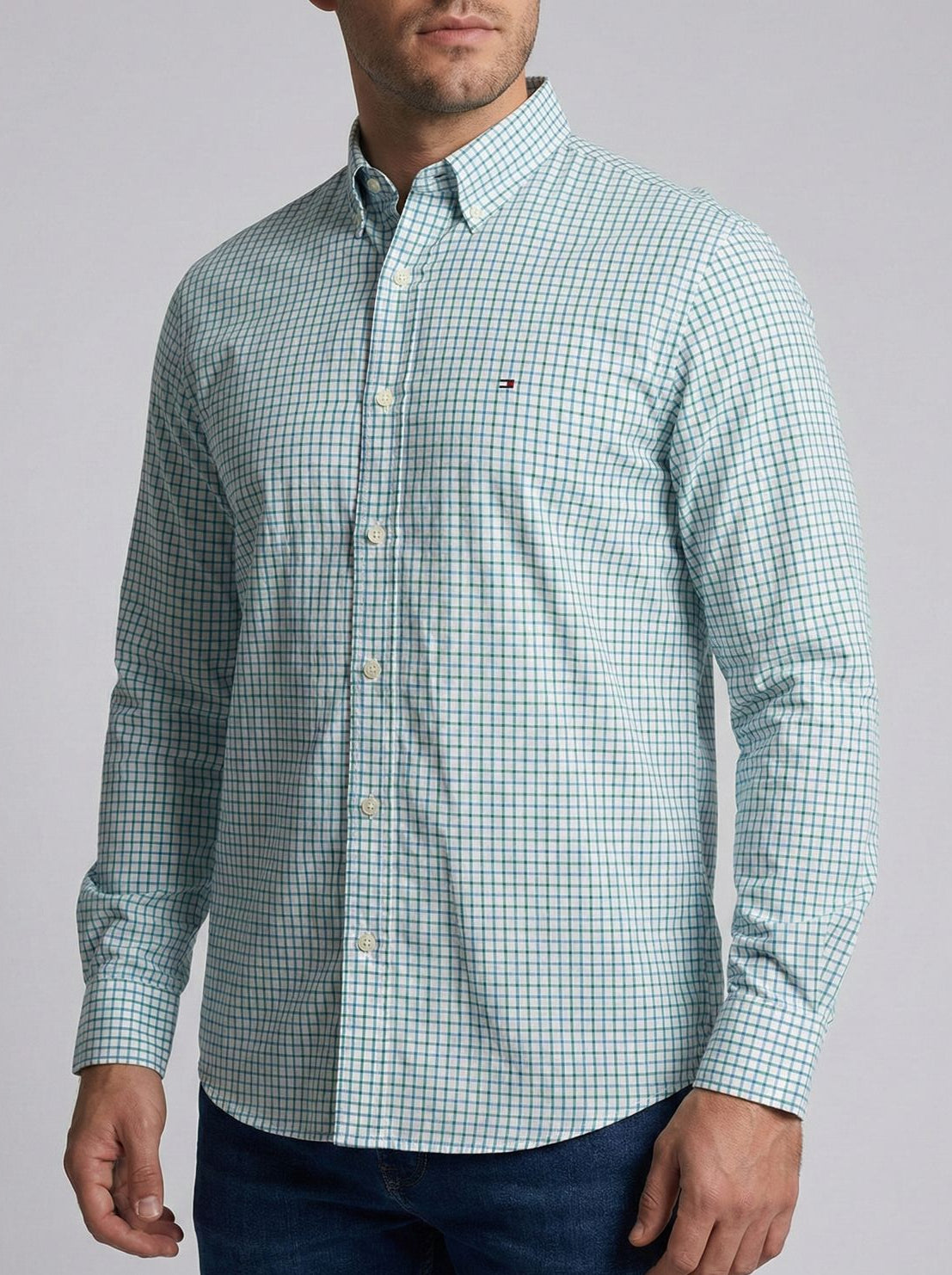 Camisa Manga Longa Verde com Azul Tommy Hilfiger