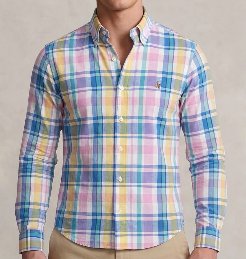 Camisa Manga Longa Polo Ralph Lauren Rosa com Azul