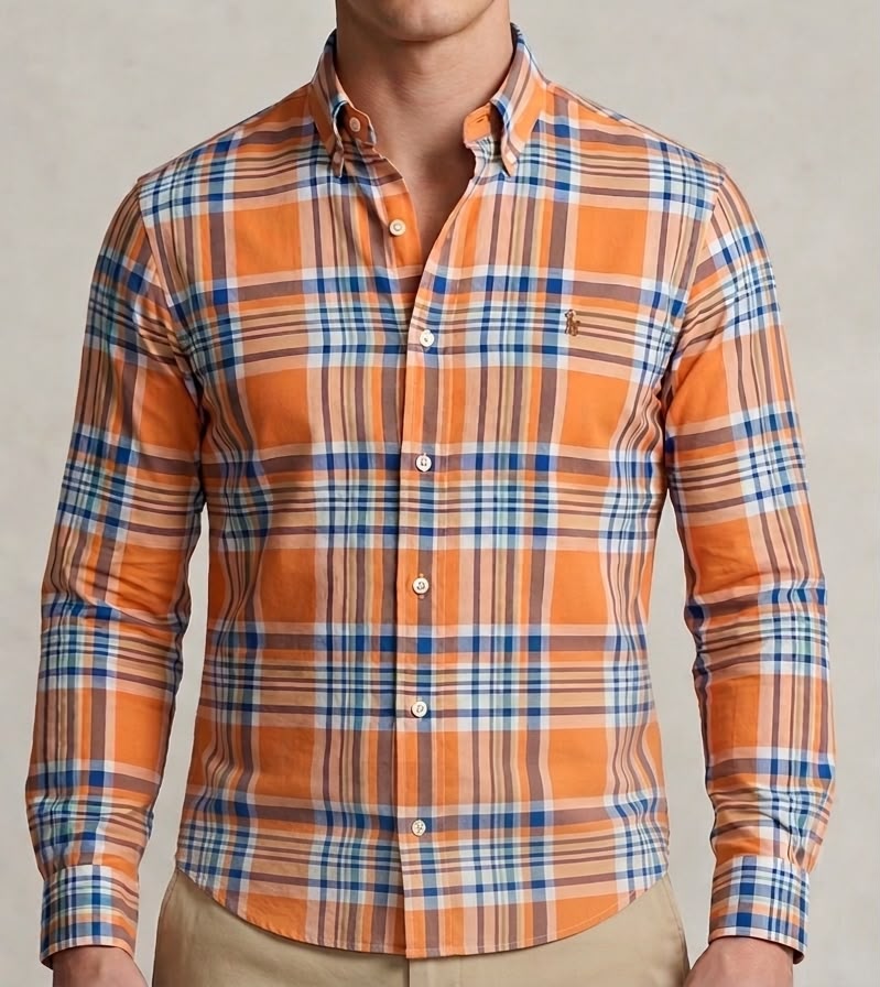Camisa Polo Ralph Lauren Manga Longa Xadrez Americano Laranja