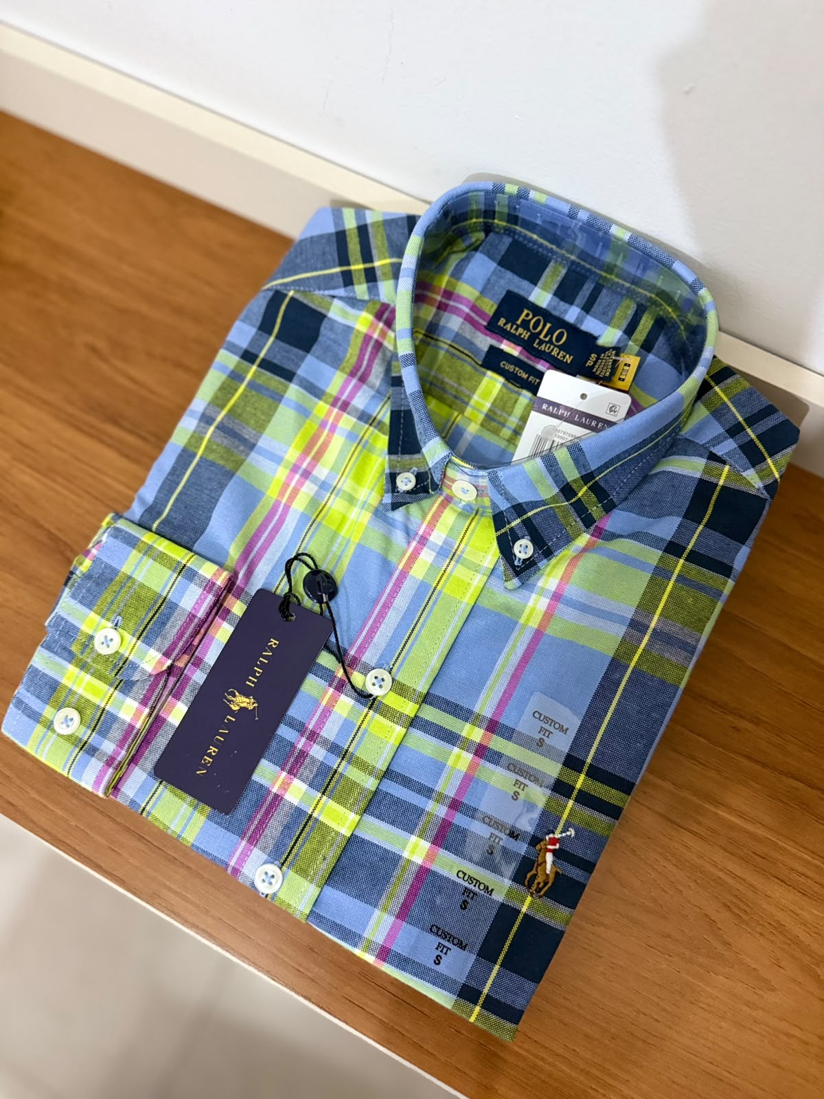Camisa Manga Longa Polo Ralph Lauren Xadrez Americano Azul e Rosa