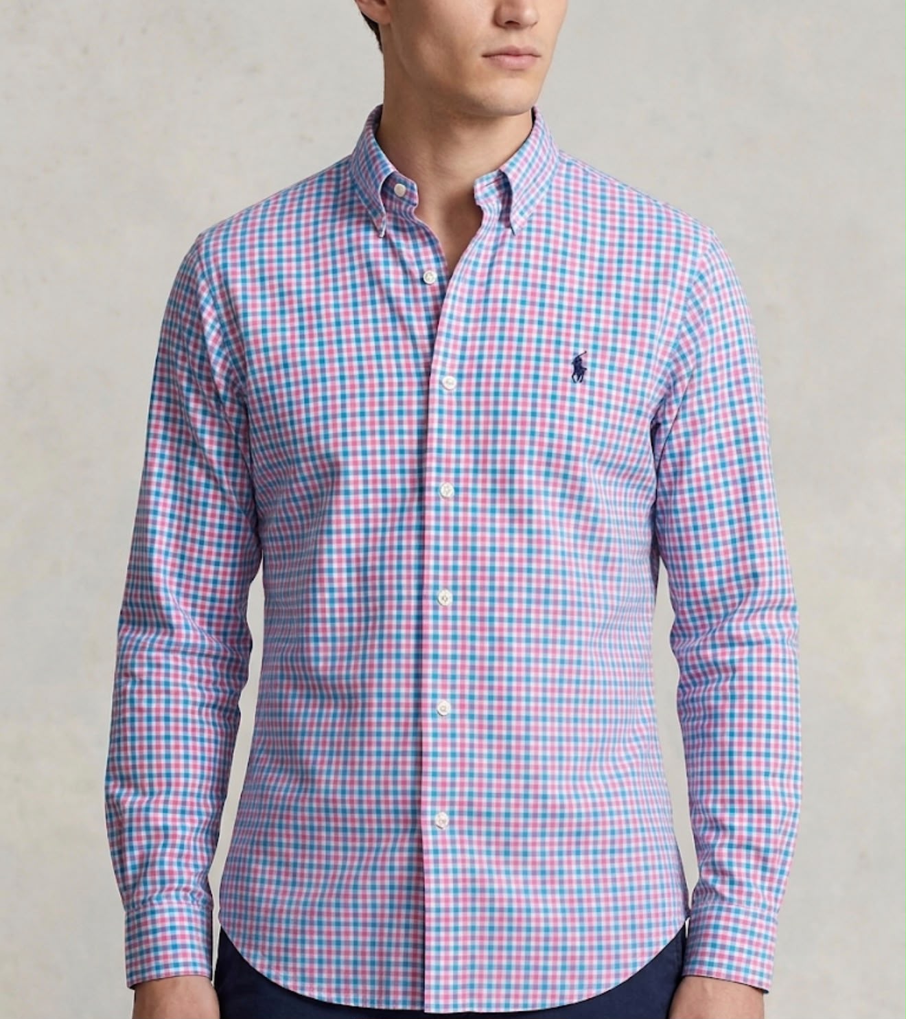 Camisa Polo Ralph Lauren Microxadrez Azul e Rosa