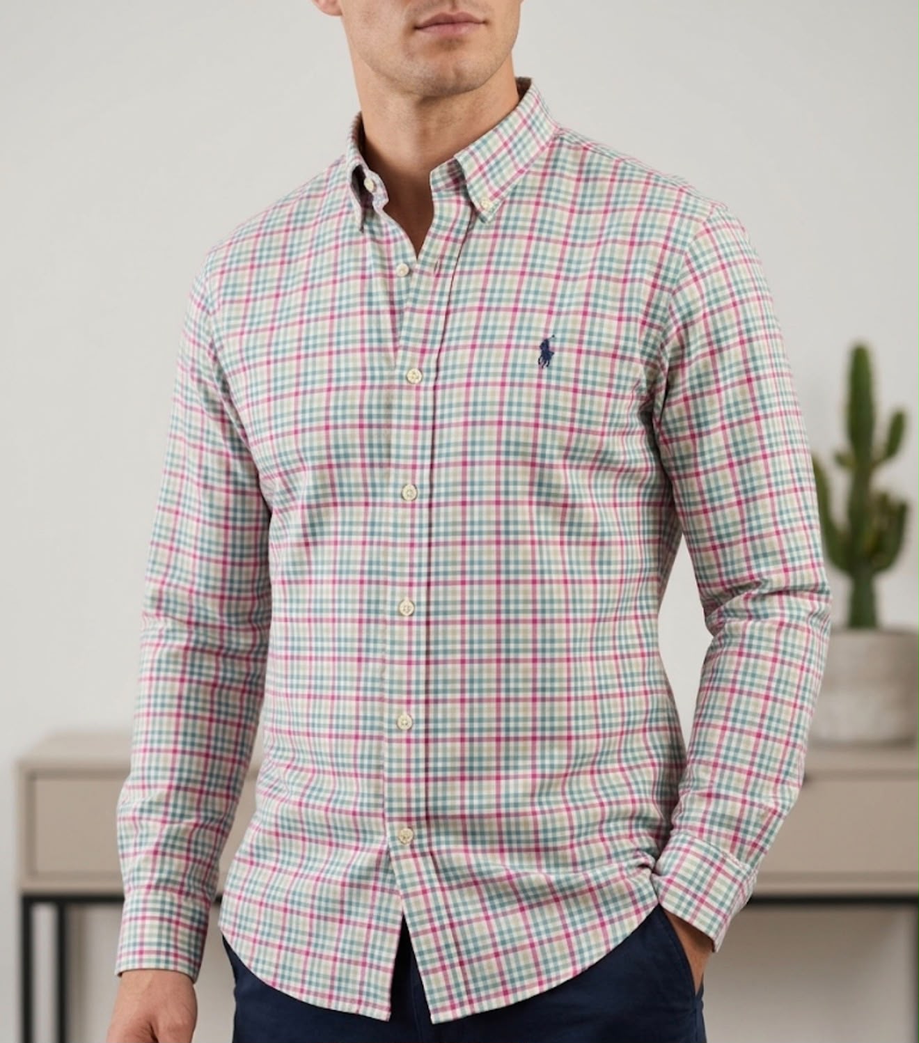 Camisa Manga Longa Microxadrez Verde e Rosa