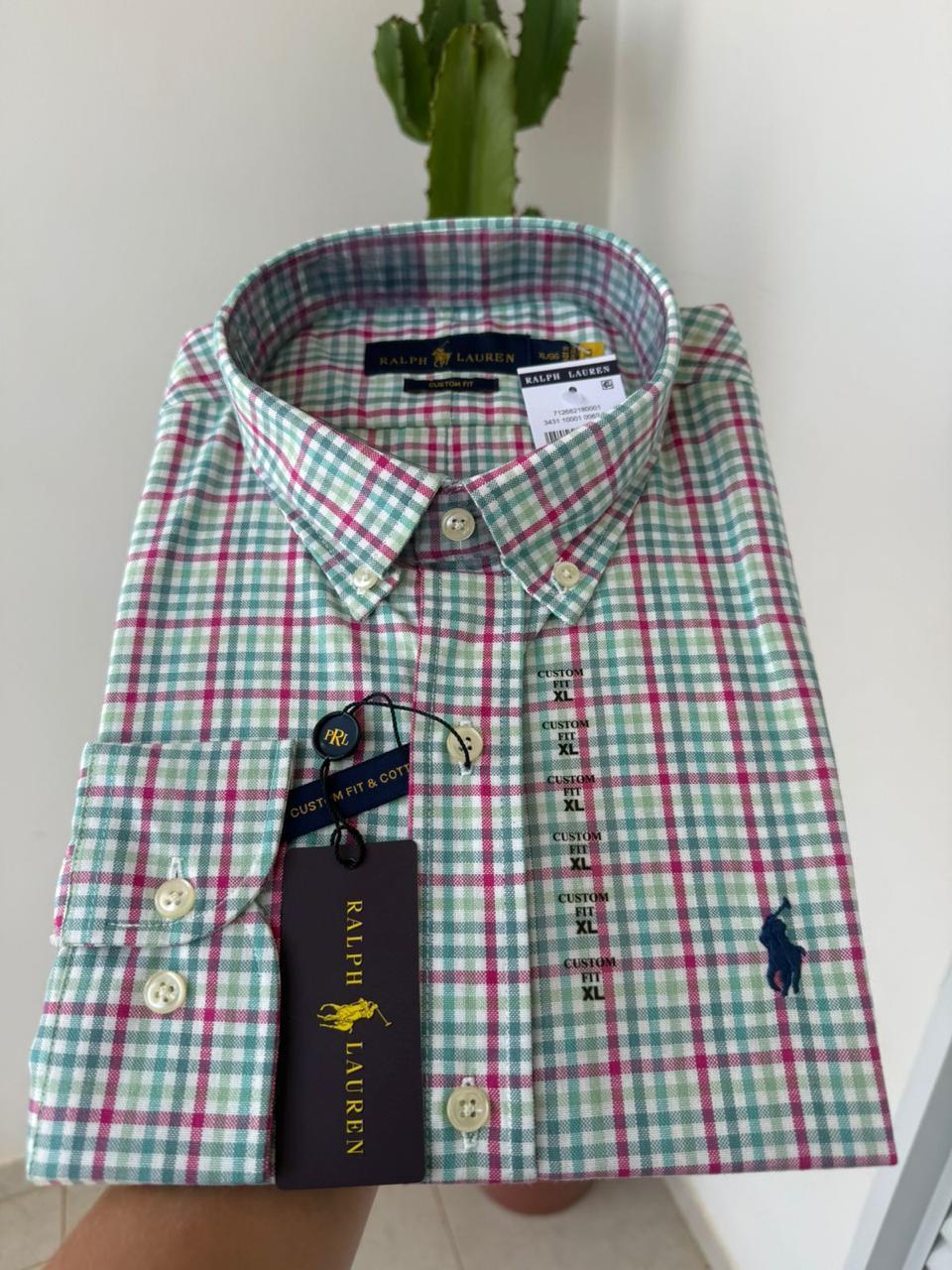 Camisa Manga Longa Microxadrez Verde e Rosa