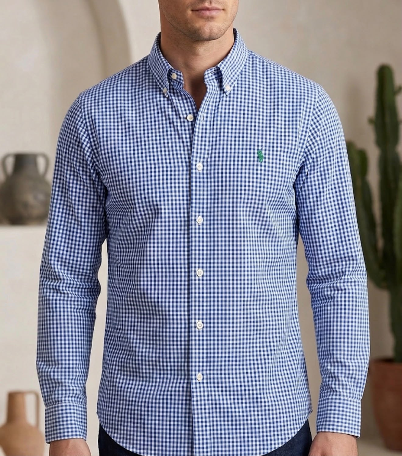 Camisa Manga Longa Polo Ralph Lauren Microxadrex Azul Pônei Verde