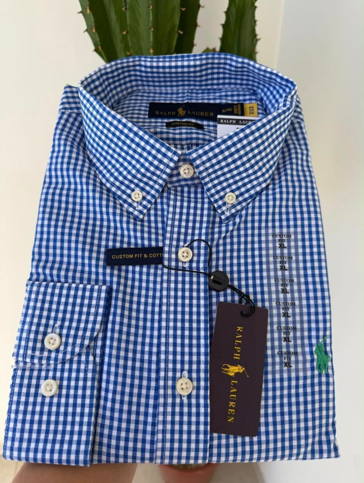 Camisa Manga Longa Polo Ralph Lauren Microxadrex Azul Pônei Verde