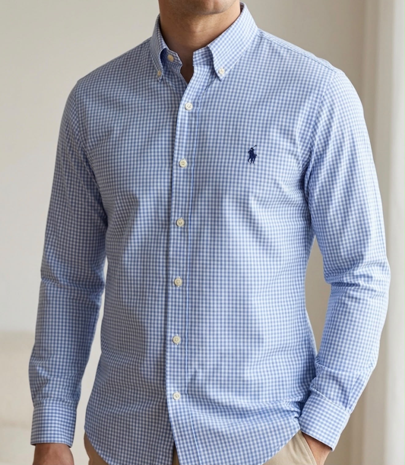 Camisa Manga Longa Polo Ralph Lauren Microxadrez Azul Claro