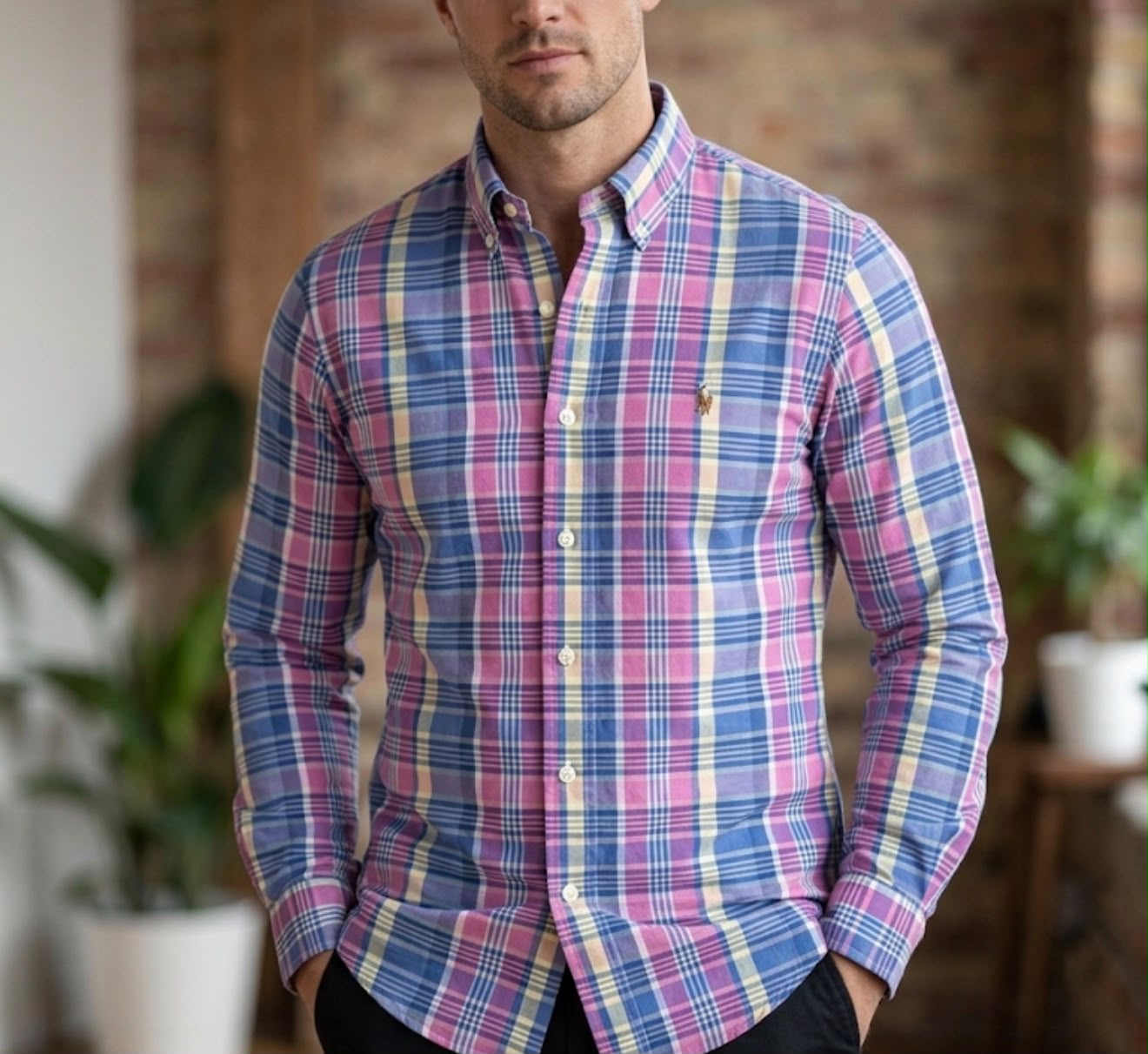 Camisa Manga Longa Xadrez Americano Polo Ralph Lauren Roxo e Rosa