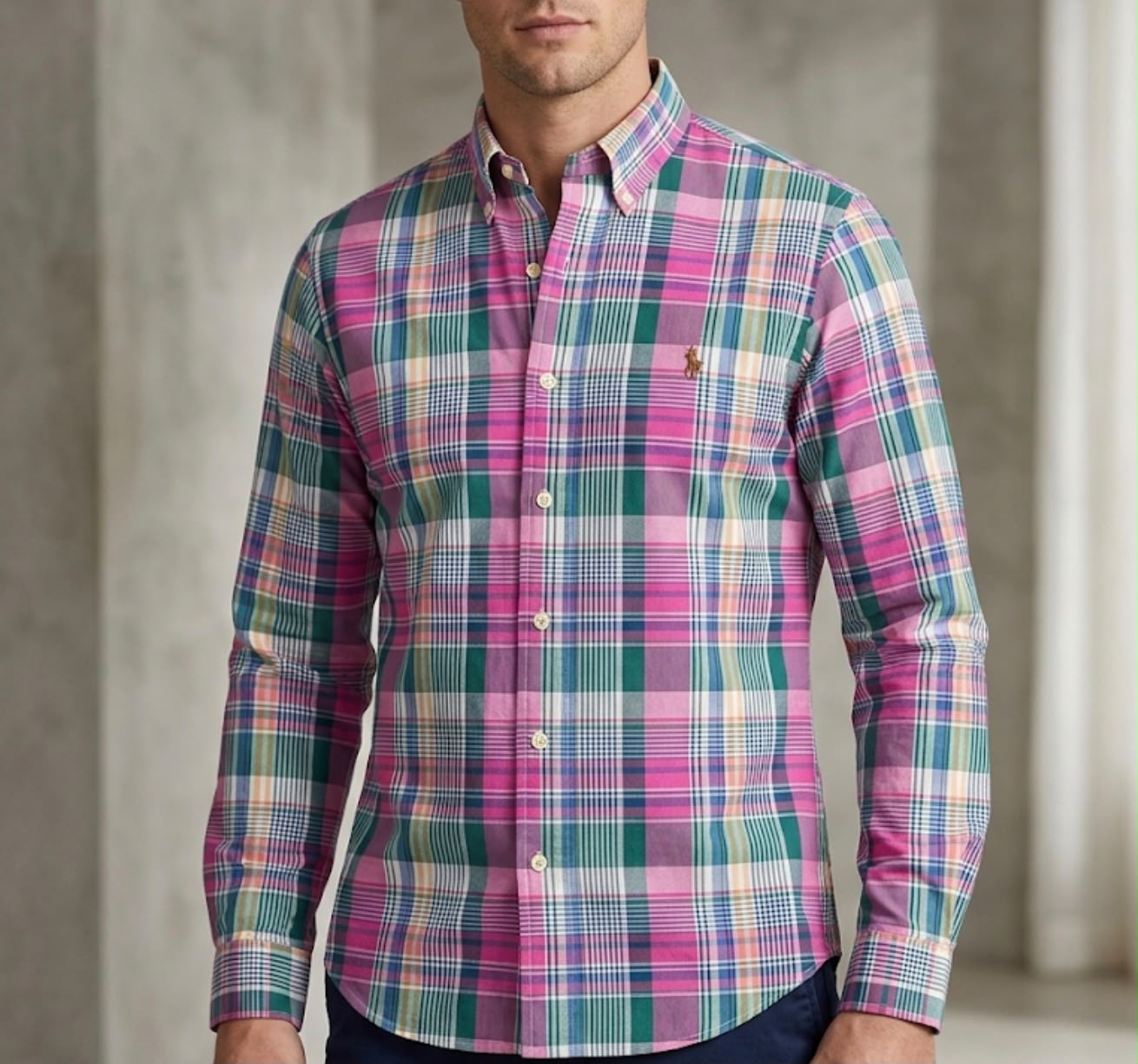 Camisa Manga Longa Xadrez Americano Polo Ralph Lauren Verde e Rosa