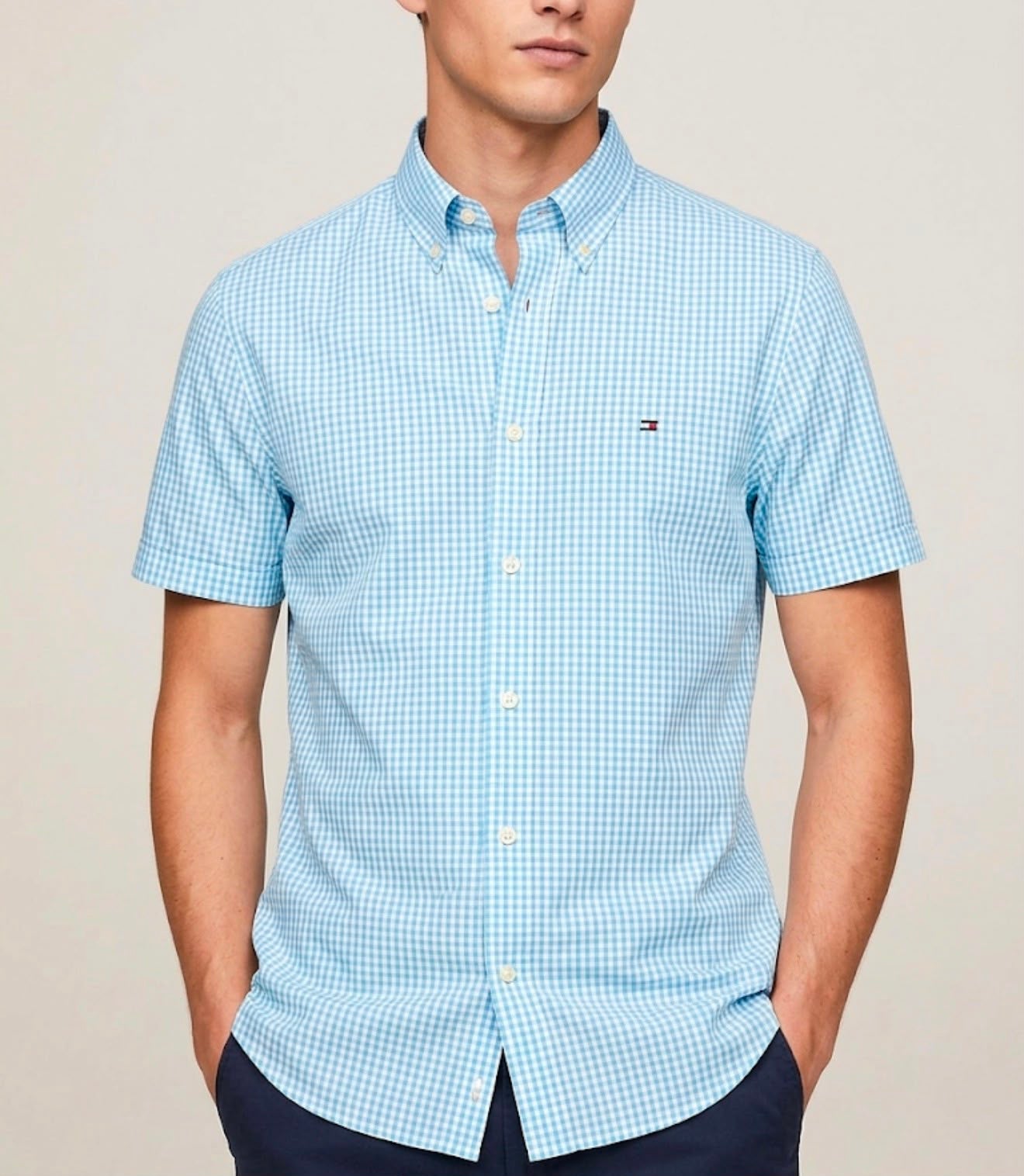 Camisa Manga Curta Tommy Hilfiger Azul Claro Microxadrez