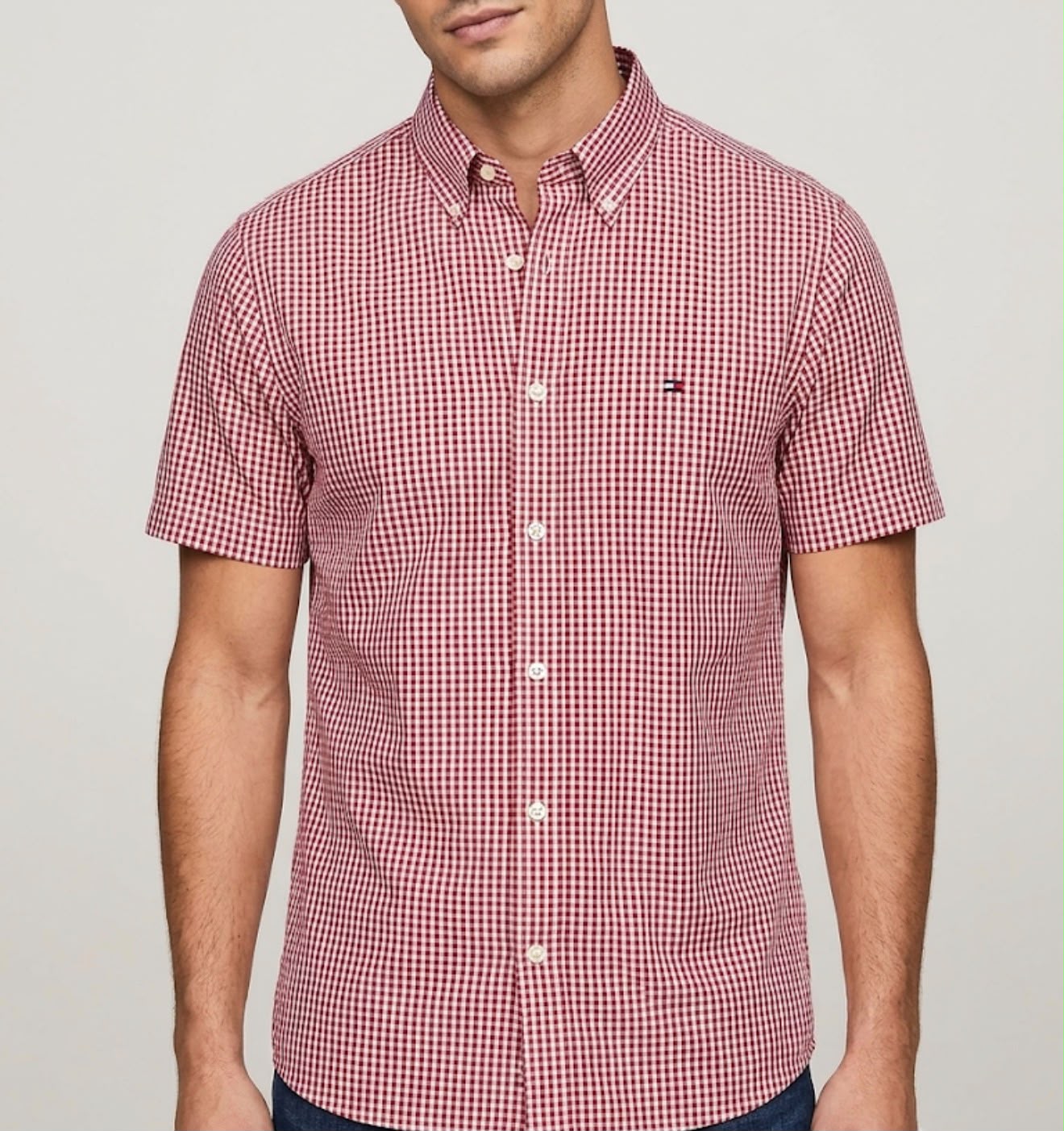 Camisa Manga Curta Tommy Hilfiger Microxadrez Vermelha