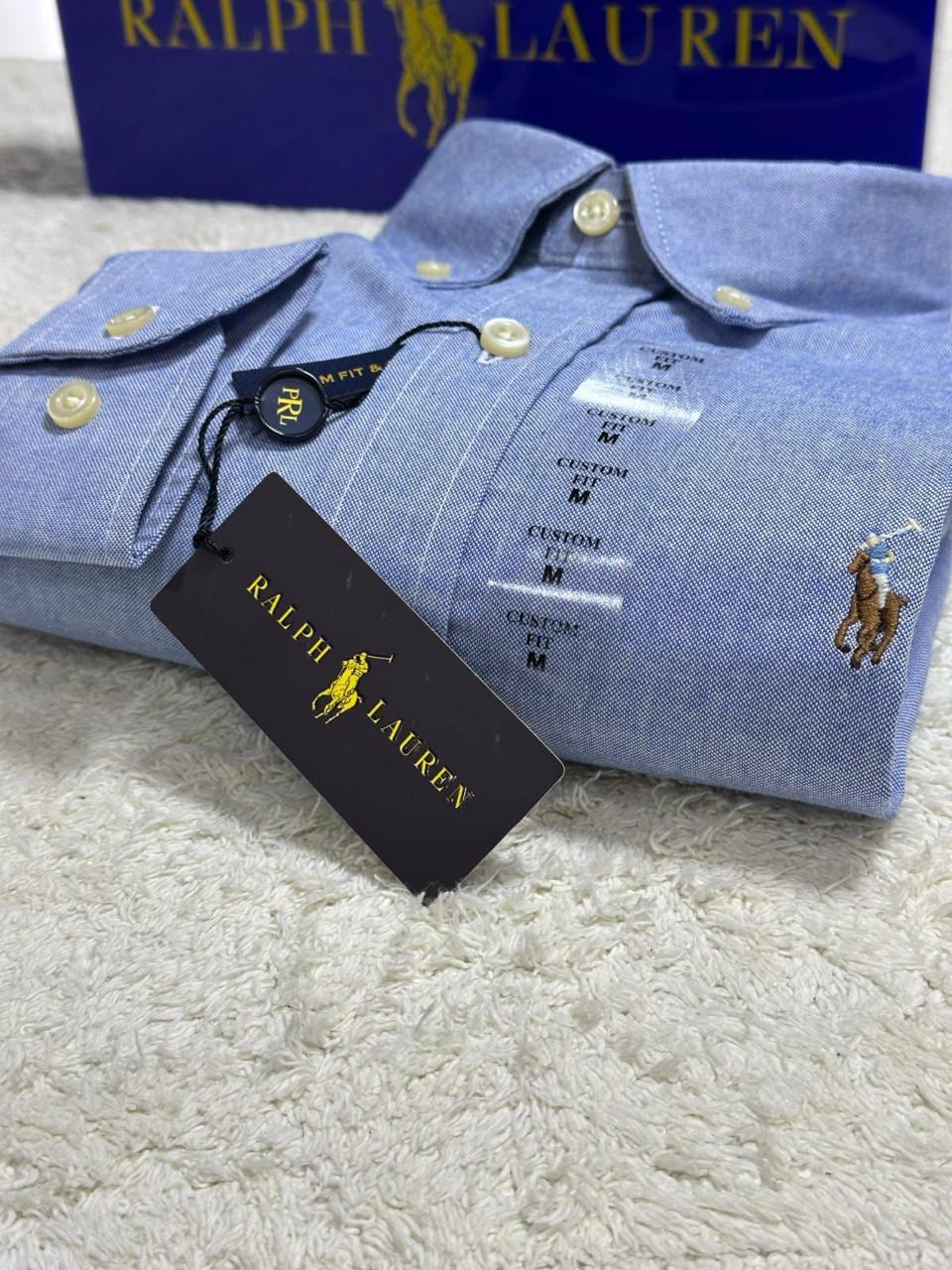 Camisa Manga Curta Tecido Oxford Azul Jeans Polo Ralph Lauren
