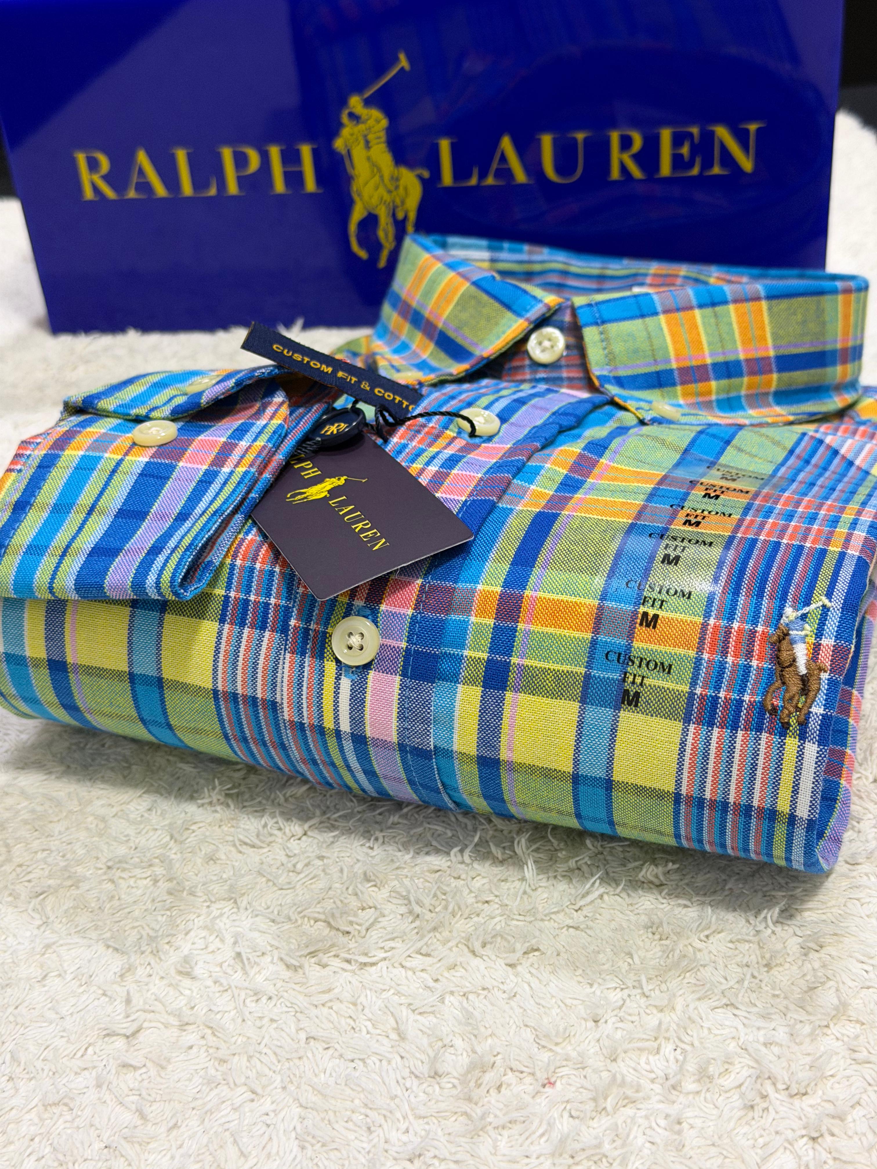 Camisa Manga Longa Americana Azul e Amarela Polo Ralph Lauren