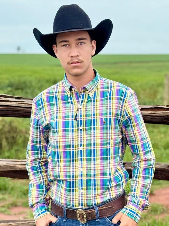 Camisa Manga Longa Americana Verde e Azul Polo Ralph Lauren