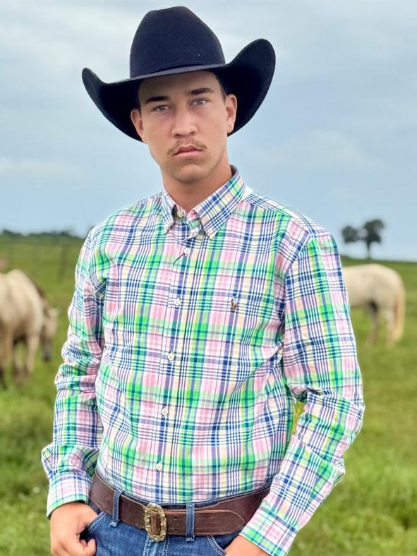 Camisa Manga Longa Americana Rosa e Verde Polo Ralph Lauren.