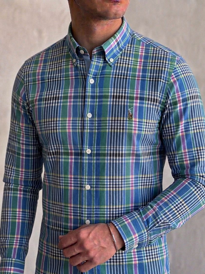 Camisa Manga Longa Oxford Americano Rosa, Verde e Azul