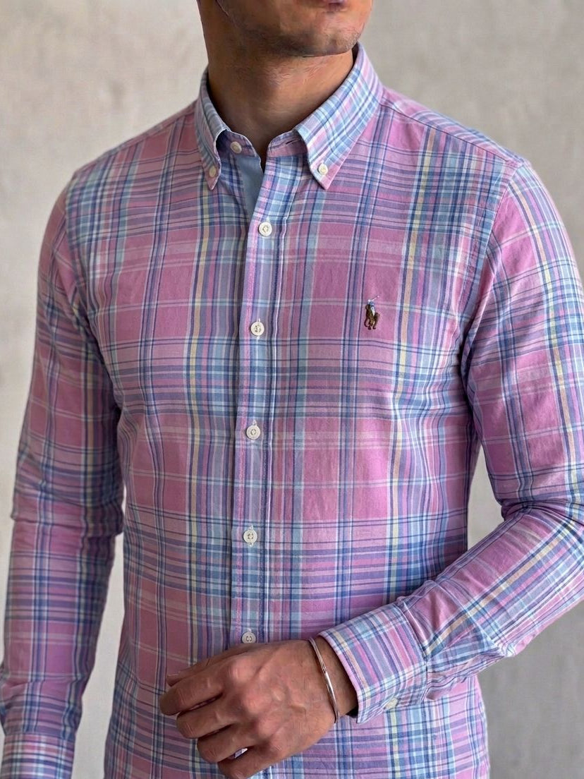 Camisa Manga Longa Polo Ralph Lauren Xadrez Americano Rosa Claro