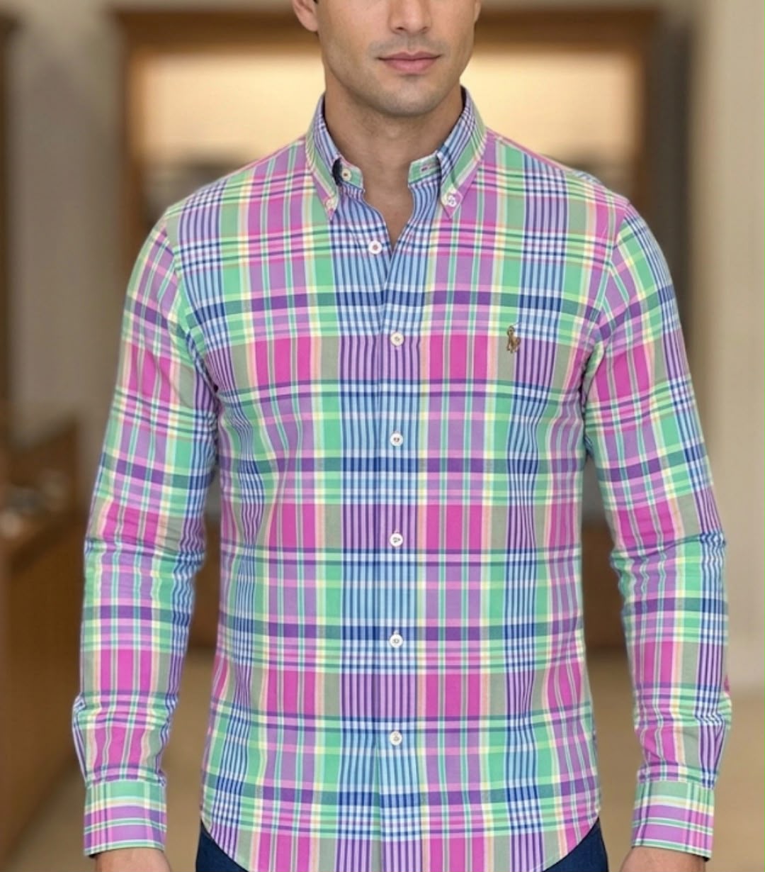 Camisa Manga Longa Xadrez Americano Rosa e Verde