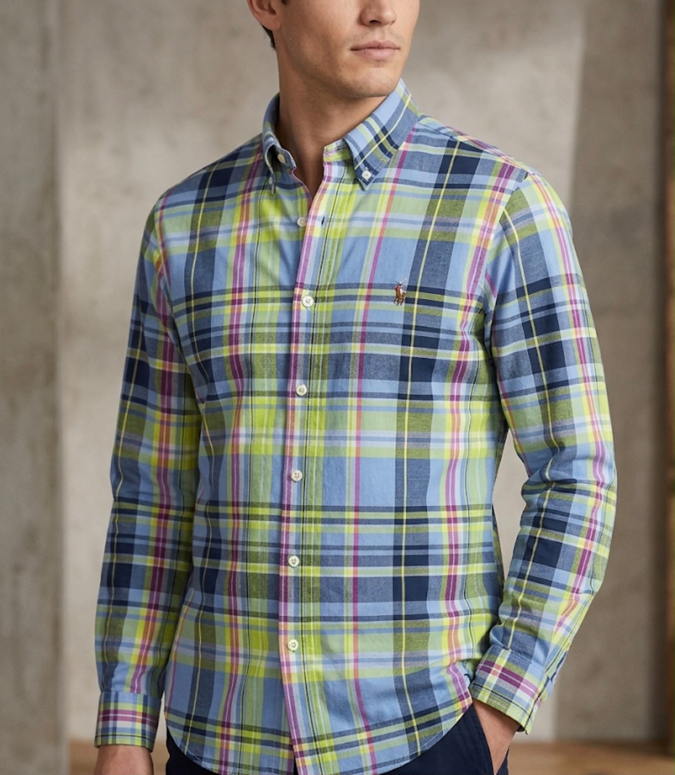 Camisa Manga Longa Polo Ralph Lauren Xadrez Americano Azul e Rosa