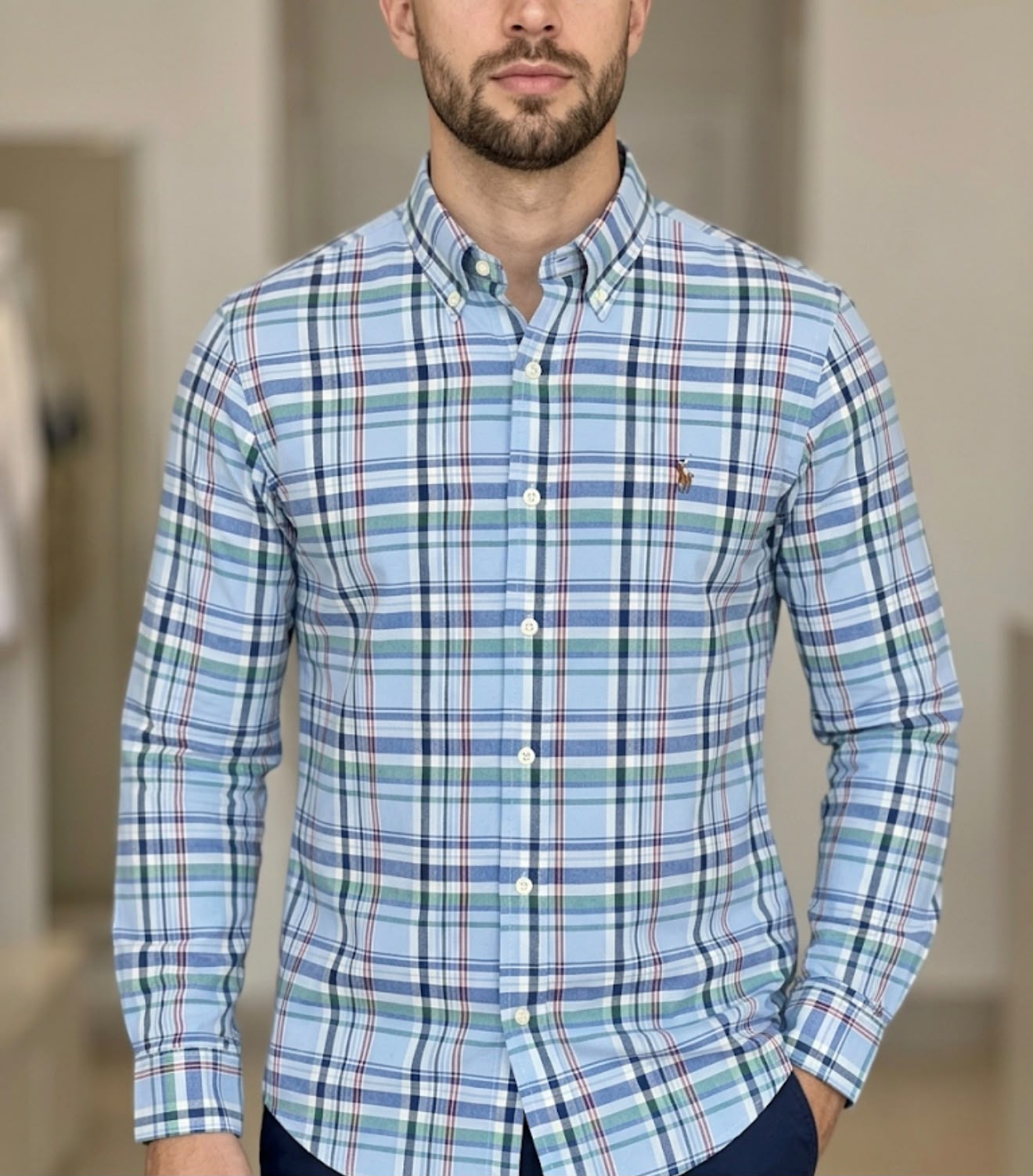 Camisa Manga Longa Polo Ralph Lauren Xadrez Americano Azul Claro