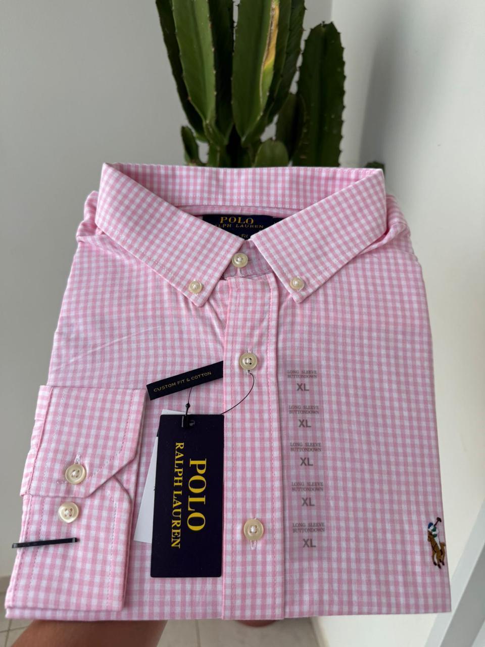 Camisa Manga Longa Micro Xadrez Rosa Polo Ralph Lauren